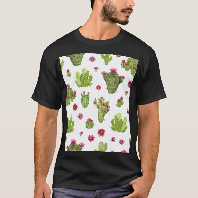 Hand Painted Green Cactus Pattern T-Shirt (Front)