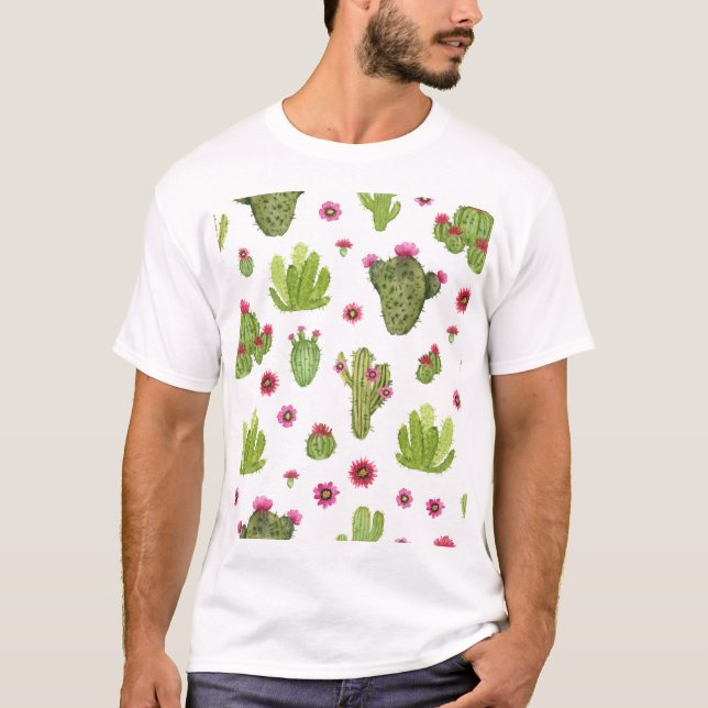 Hand Painted Green Cactus Pattern T-Shirt (Front)