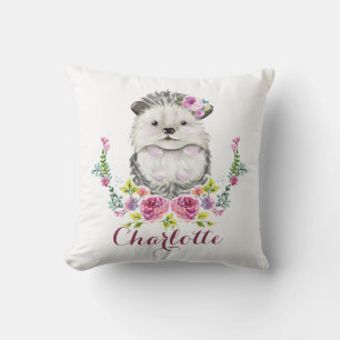 Hand painted Hedgehog floral Personalized Throw Pillow
