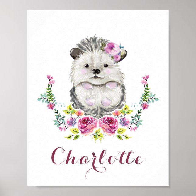 Hand painted Hedgehog Personalized floral Poster (Front)