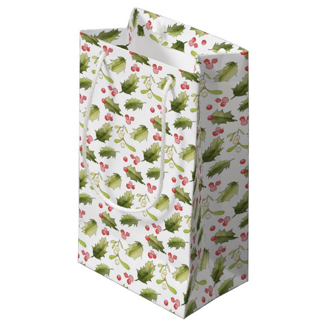 Hand Painted Holly Berries Holly Leaves Mistletoe Small Gift Bag (Front Angled)