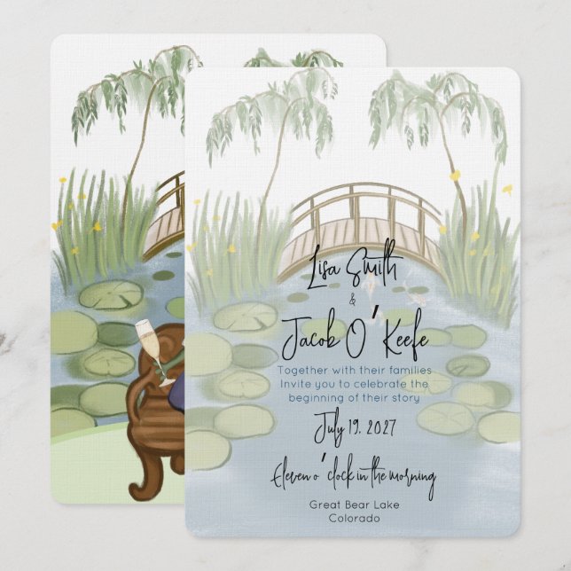 Hand painted illustrated Frogs Wedding Invitation (Front/Back)