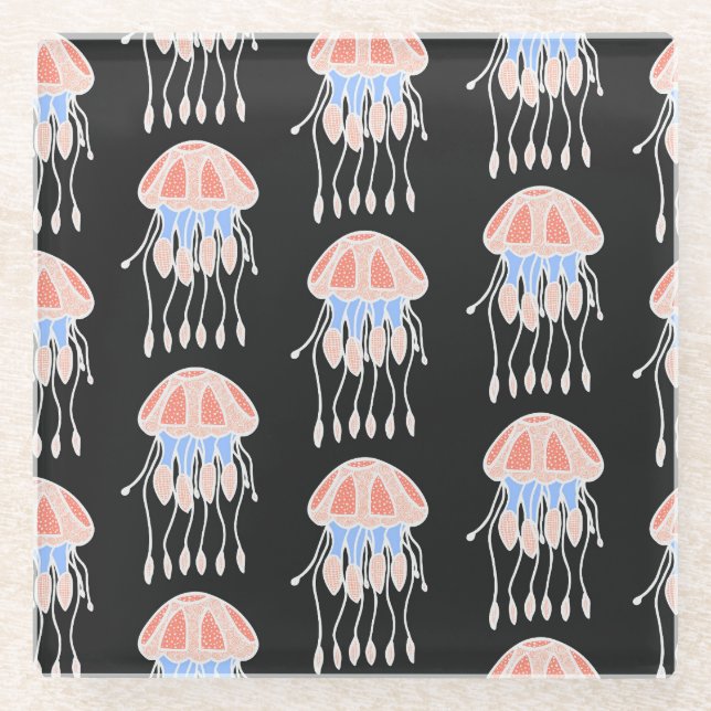 Hand-painted jellyfish, vibrant vintage pattern. glass coaster (Front)