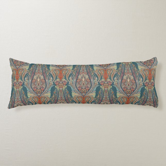 Hand Painted Kashmir Paisley Tribal Boho Chic Teal Body Pillow (Front)