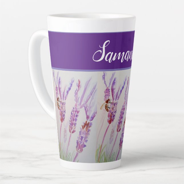 Hand Painted Lavender Flower Watercolor Birthday Latte Mug (Left Angle)