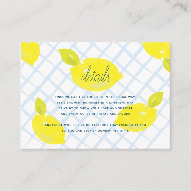 Hand-Painted Lemon & Blue Checks Details Enclosure Card (Front)