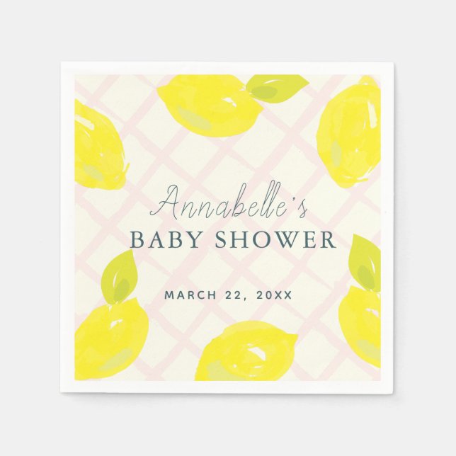 Hand-Painted Lemon Pink Baby Shower Napkins (Front)