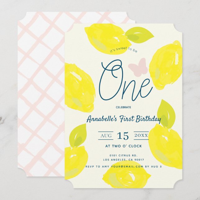 Hand Painted Lemon & Pink Check First Birthday Invitation (Front/Back)