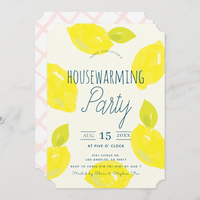 Hand Painted Lemon Pink House Warming Party Invitation (Front/Back)
