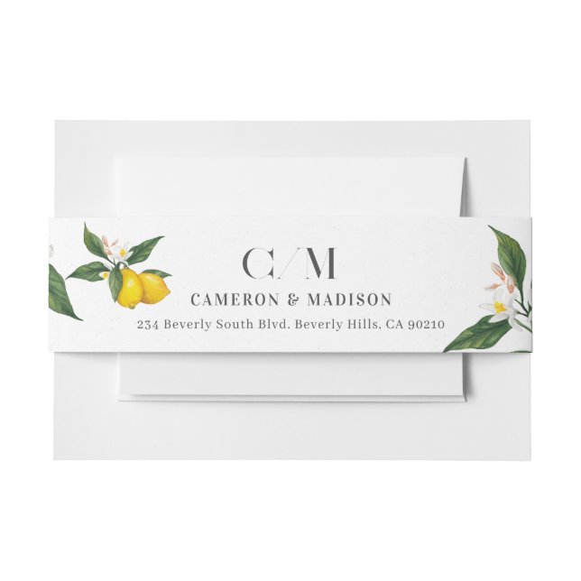 Hand-Painted Lemons Blossom Wedding Invitation Belly Band (Front Example)