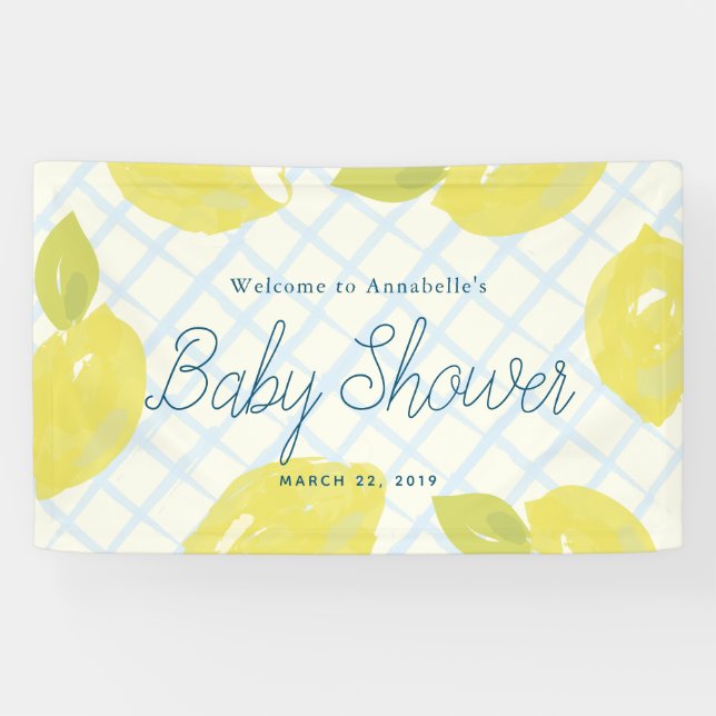Hand Painted Lemons & Blue Checks Baby Shower Banner (Horizontal)
