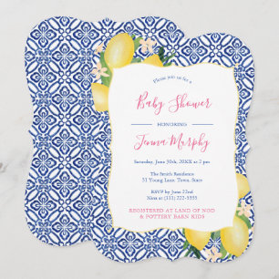 Hand Painted Lemons Cobalt Blue White Baby Shower Invitation