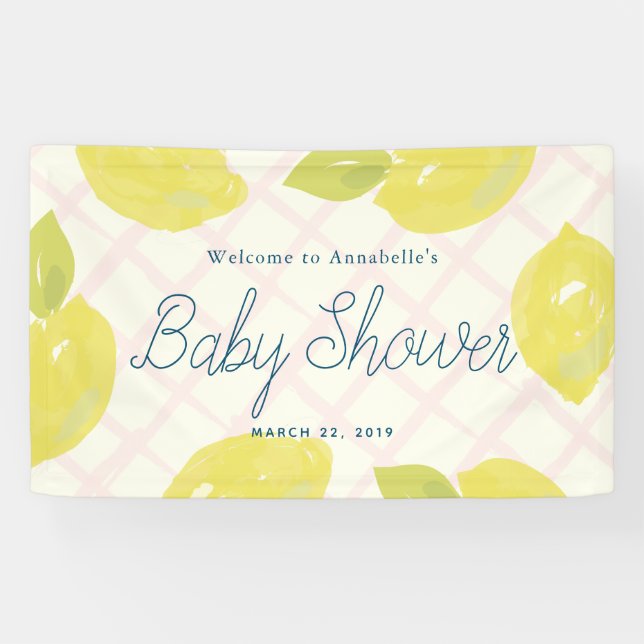Hand Painted Lemons & Pink Checks Baby Shower Banner (Horizontal)