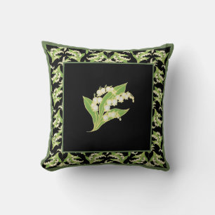 Hand-painted Lilies-of-the-Valley on Black Throw Pillow
