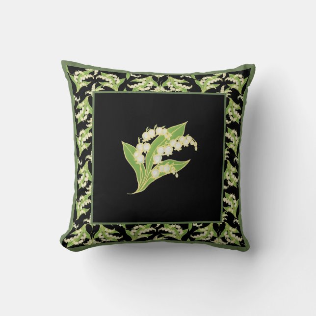 Hand-painted Lilies-of-the-Valley on Black Throw Pillow (Front)
