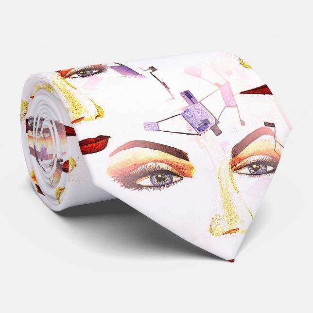 Hand-painted Mid Modern Pop Surrealism Artwork Tie (Rolled)