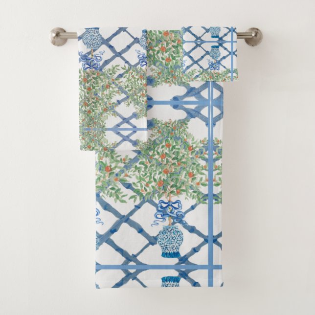 Hand Painted Orange Tree Topiary Ginger Jar Jars   Bath Towel Set (Insitu)