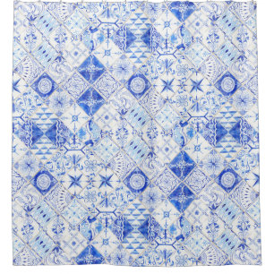 Hand Painted Patchwork Blue White Tile Pattern