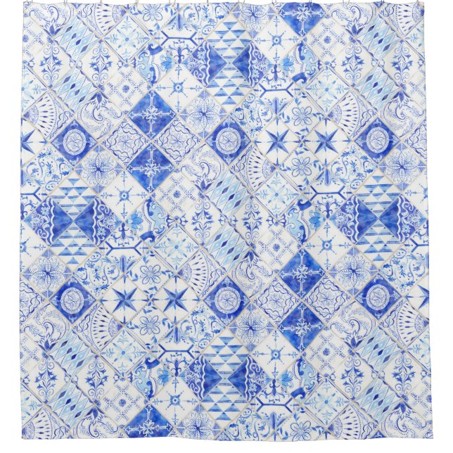 Hand Painted Patchwork Blue White Tile Pattern (Front)