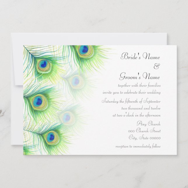 Hand Painted Peacock Feathers Wedding Invitations (Front)