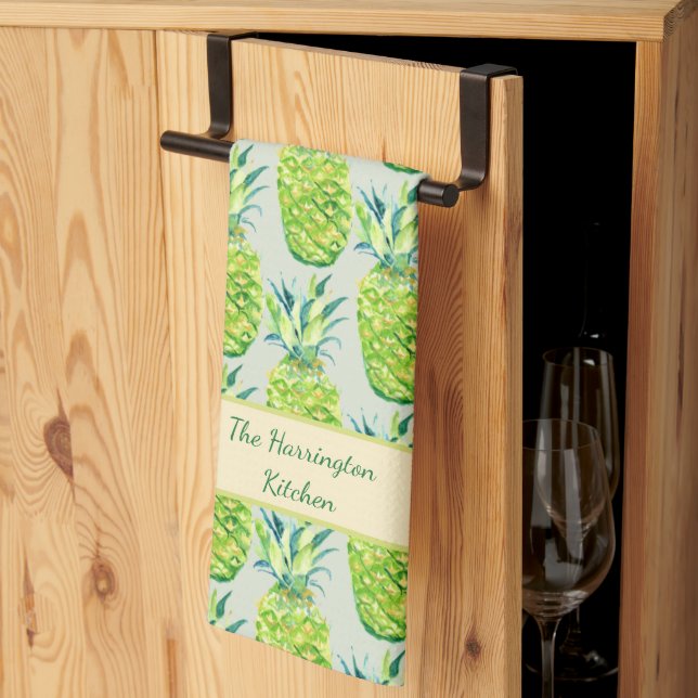 Hand-Painted PIneapple Personalized Watercolor Kitchen Towel (Thirds Fold)