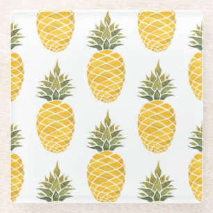 Hand Painted Pineapples: Watercolor Seamless. Glass Coaster