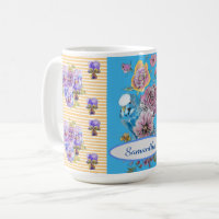 Hand Painted Pink Blue Budgie floral birds Mug