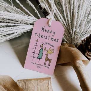 Hand Painted Pink Christmas Funky Trees Reindeer Gift Tags