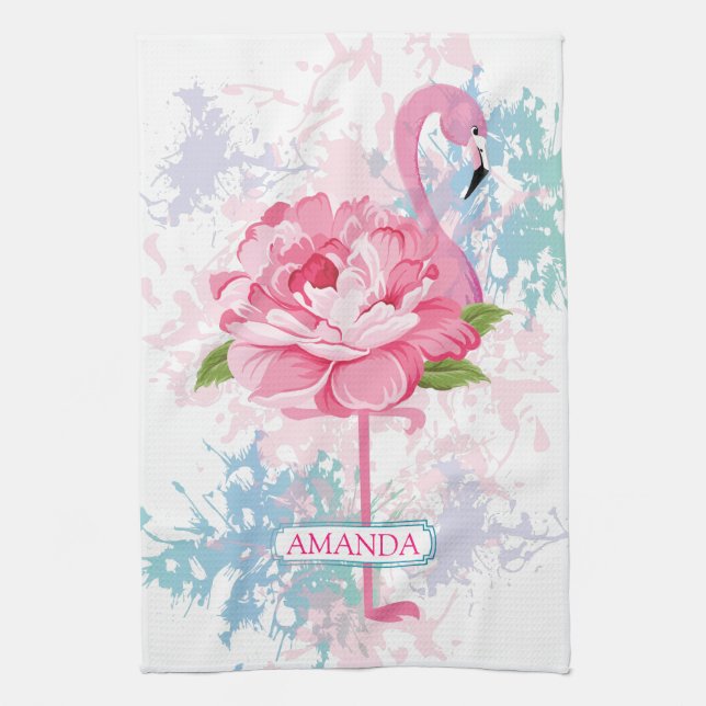 Hand painted pink flamingo kitchen towel (Vertical)