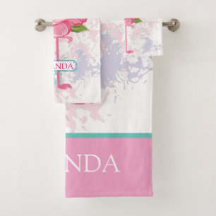 Hand painted pink flamingo Personalized Bath Towel Set