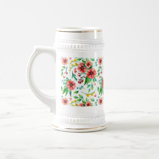 Hand Painted Pink Flowers Floral Pattern-23498 Beer Stein (Left)
