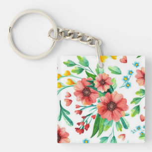 Hand Painted Pink Flowers Floral Pattern-23498 Keychain