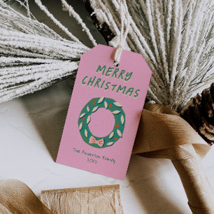 Hand Painted Pink Green Christmas Wreath Bold Gift Tags