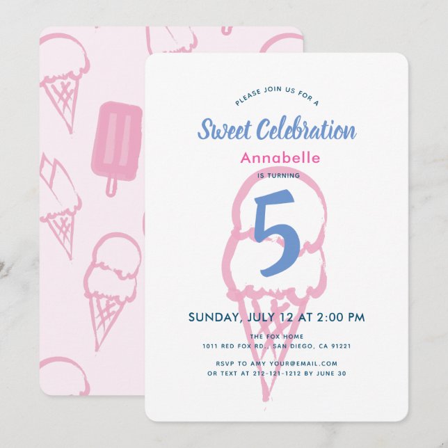 Hand Painted Pink Ice Cream Girl Birthday Invitation (Front/Back)