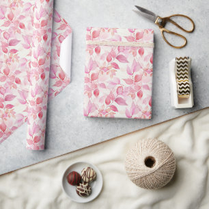 Hand-Painted Pink Leaf Watercolor Pattern on White Wrapping Paper