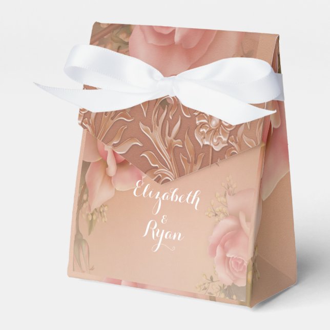 Hand Painted Pink Roses Gold Filigree Favor Box (Front Side)