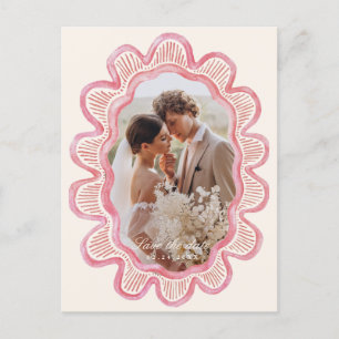 Hand-painted pink scalloped oval photo frame  postcard