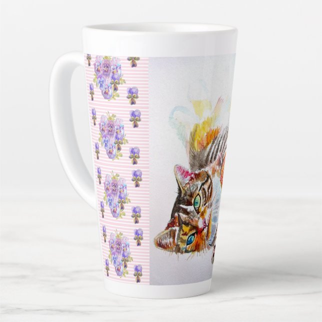 Hand Painted Pink Shabby Tabby Cat Cats Latte Mug (Left Angle)