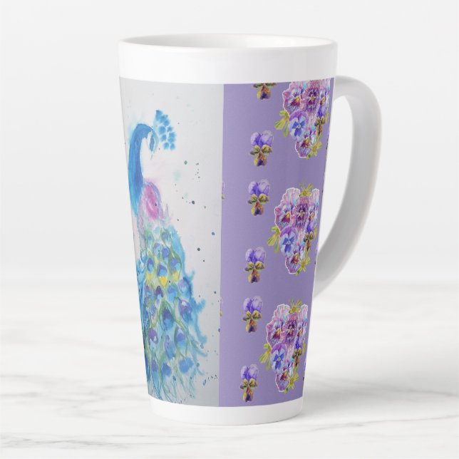 Hand Painted Purple Blue Peacock floral Latte Mug (Right Angle)