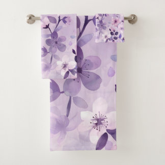 Hand painted purple cherry blossoms bath towel set