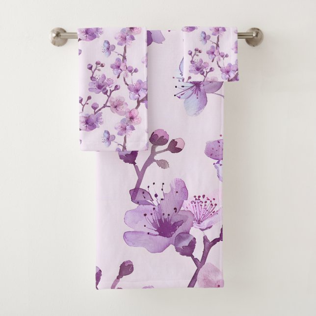 Hand painted purple flowers bath towel set (Insitu)