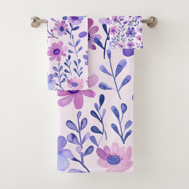 Hand painted purple flowers bath towel set (Insitu)