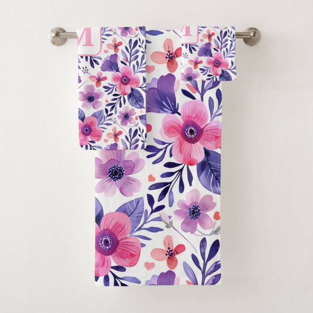 Hand painted purple flowers personalized monogram  bath towel set (Insitu)