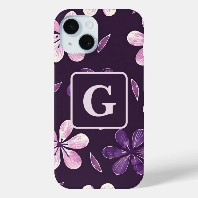 Hand painted purple flowers personalized monogram  Case-Mate iPhone case (Back)