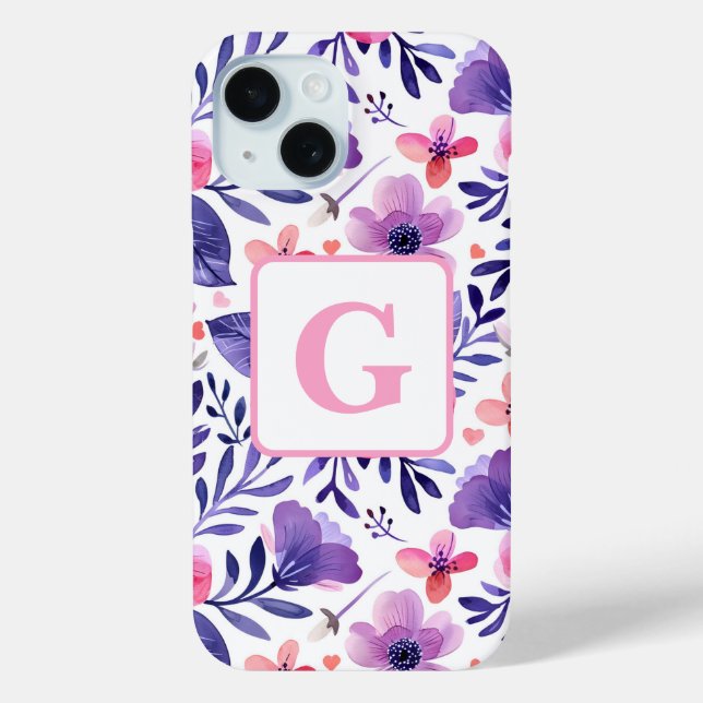 Hand painted purple flowers personalized monogram  Case-Mate iPhone case (Back)