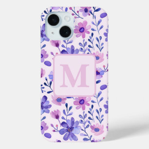 Hand painted purple flowers personalized monogram iPhone 15 case