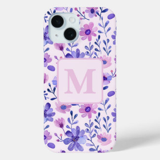 Hand painted purple flowers personalized monogram iPhone 15 case