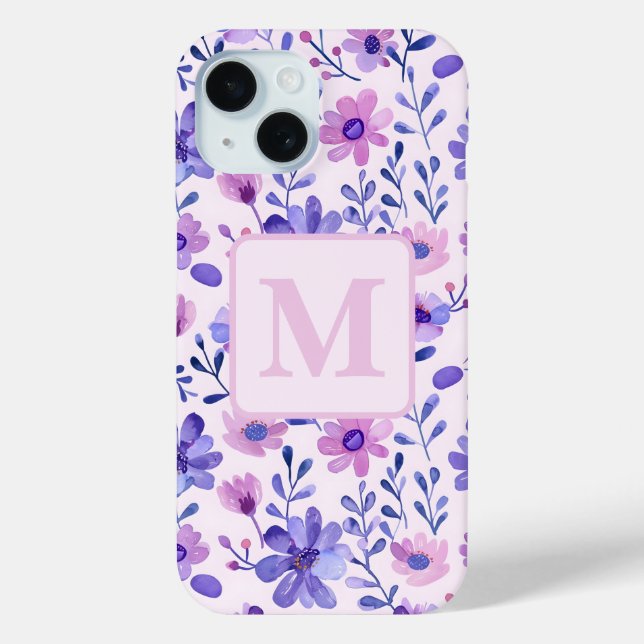 Hand painted purple flowers personalized monogram  Case-Mate iPhone case (Back)