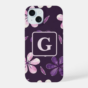 Hand painted purple flowers personalized monogram iPhone 15 case