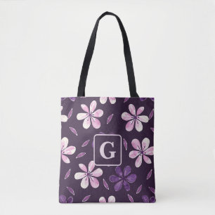 Hand painted purple flowers personalized monogram  tote bag